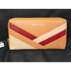 Union Code Genuine Leather RFID Zip Around Wallet Chevron Colorblock Tan Red